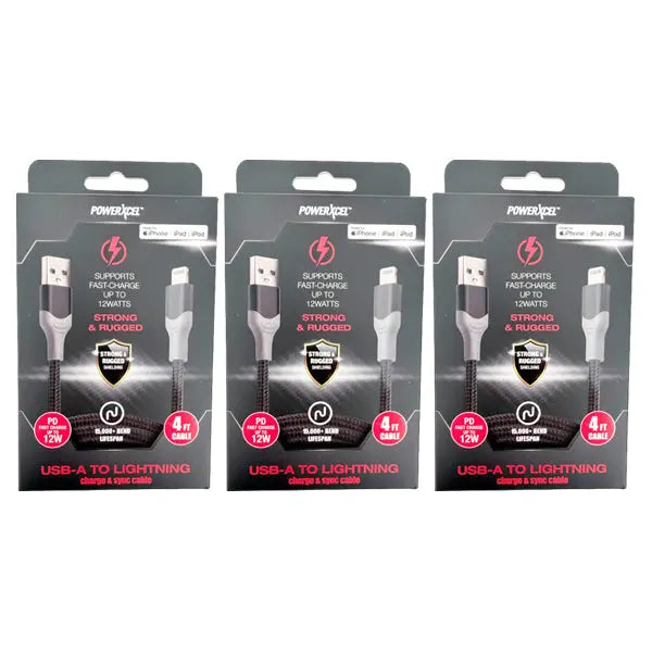 3 Pack - PowerXcel 4-Foot USB-A to Lightning Charge & Sync Cable PowerXcel